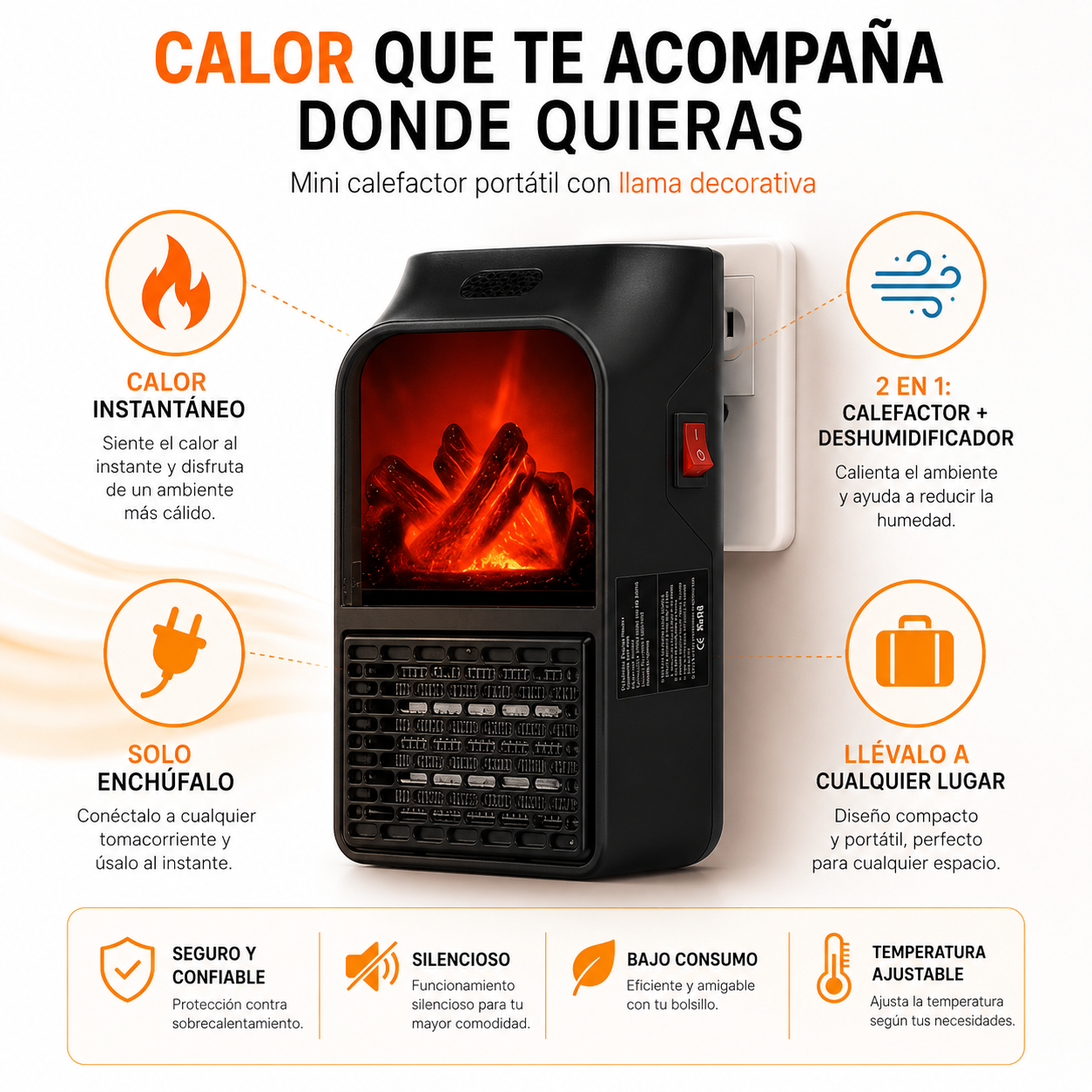 ThermoFlame™ – Calefactor Portátil Instantáneo 1000W con Efecto Chimenea, Calienta en Segundos