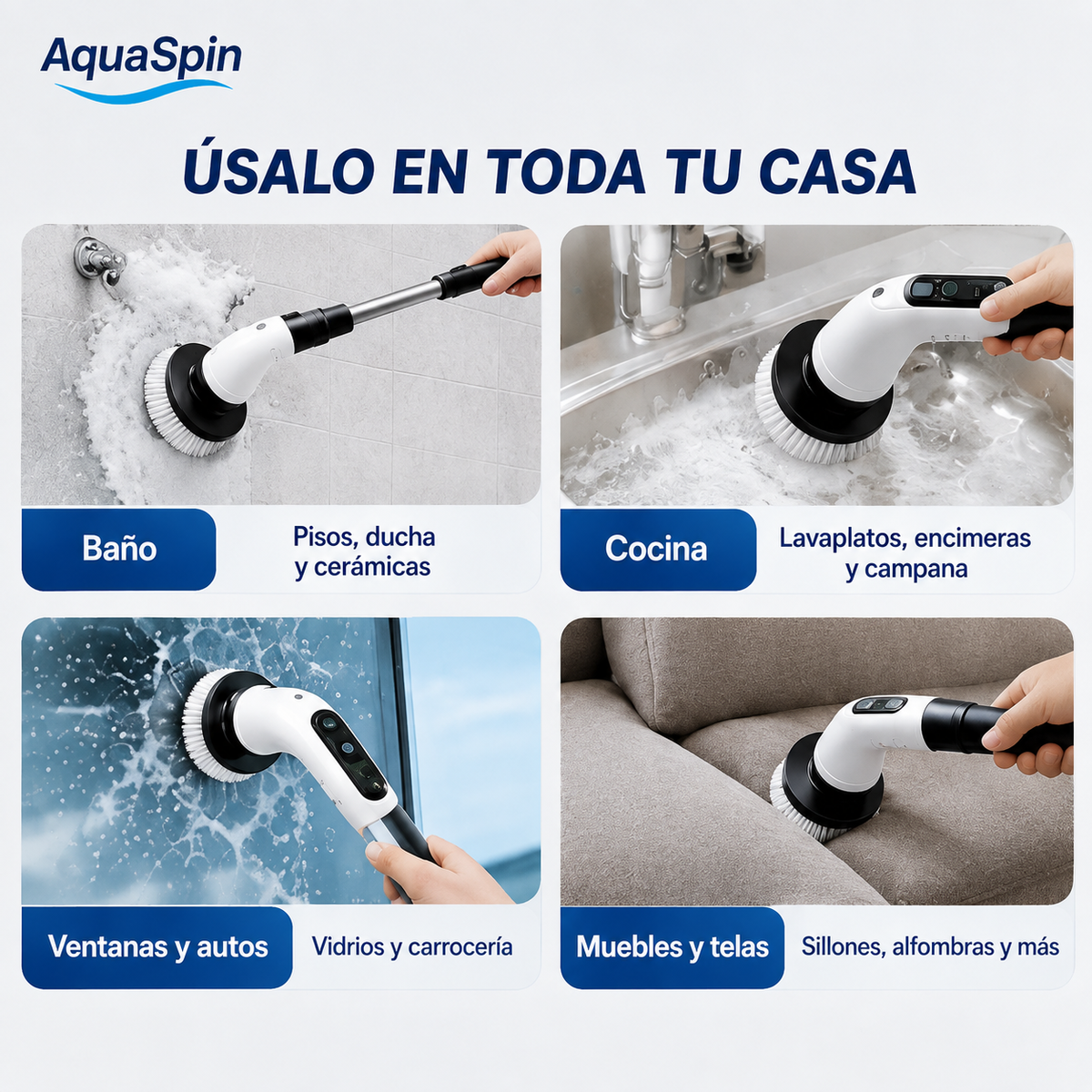 Aqua Spin ™ – Potencia rotatoria inalámbrica para todo tipo de superficies: baños, cocinas, pisos.