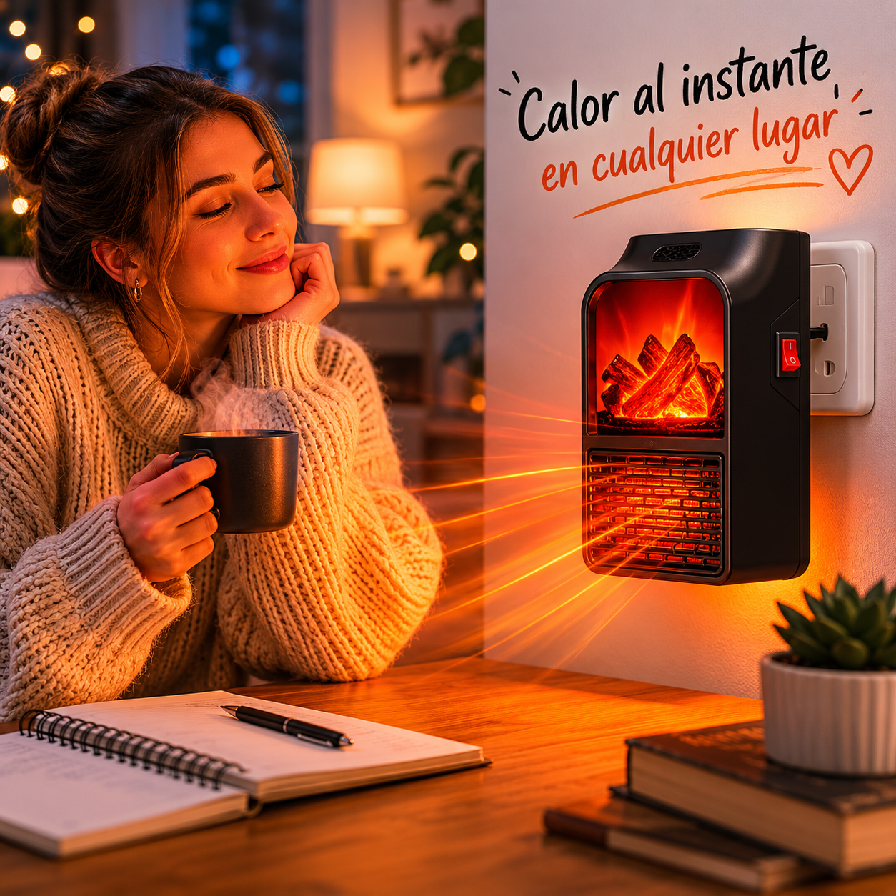 ThermoFlame™ – Calefactor Portátil Instantáneo 1000W con Efecto Chimenea, Calienta en Segundos