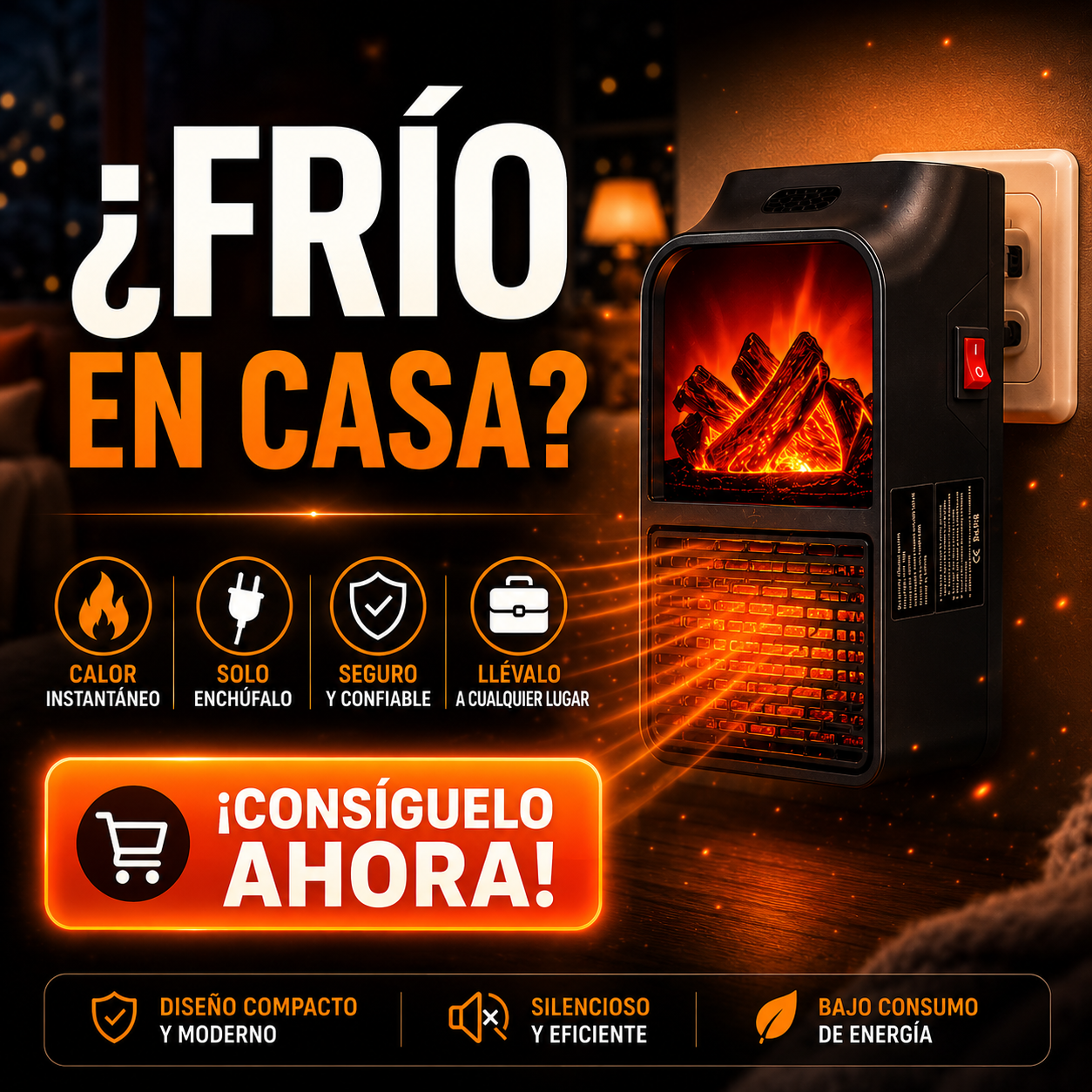 ThermoFlame™ – Calefactor Portátil Instantáneo 1000W con Efecto Chimenea, Calienta en Segundos