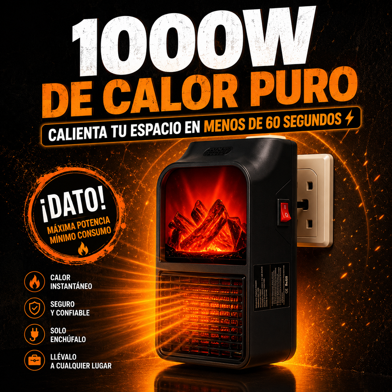 ThermoFlame™ – Calefactor Portátil Instantáneo 1000W con Efecto Chimenea, Calienta en Segundos