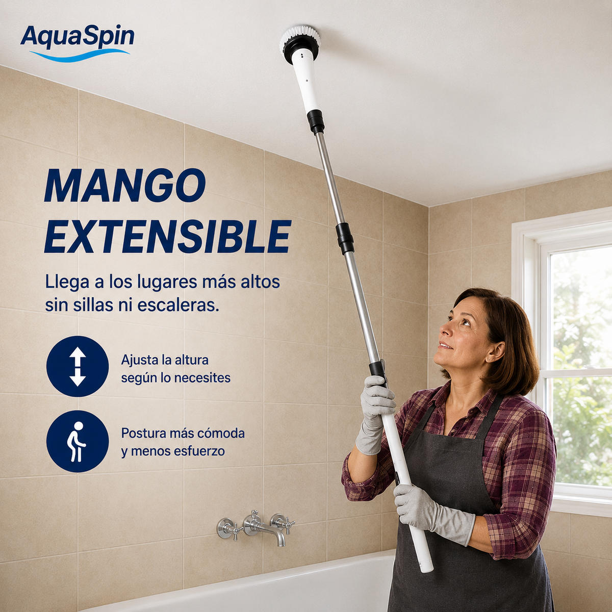 Aqua Spin ™ – Potencia rotatoria inalámbrica para todo tipo de superficies: baños, cocinas, pisos.