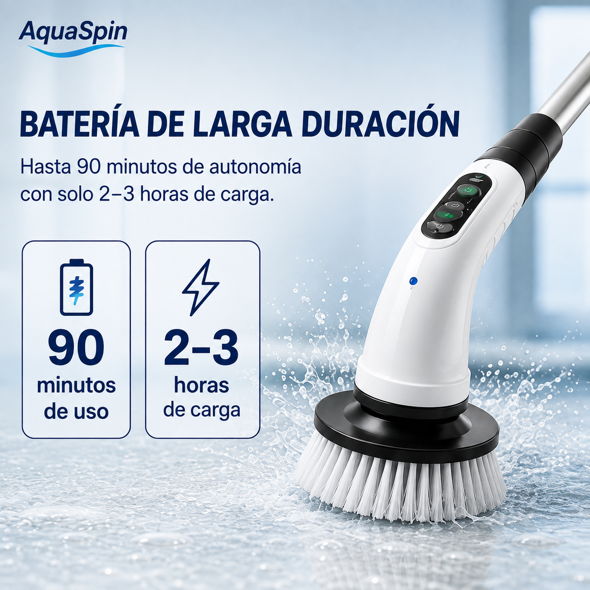 Aqua Spin ™ – Potencia rotatoria inalámbrica para todo tipo de superficies: baños, cocinas, pisos.