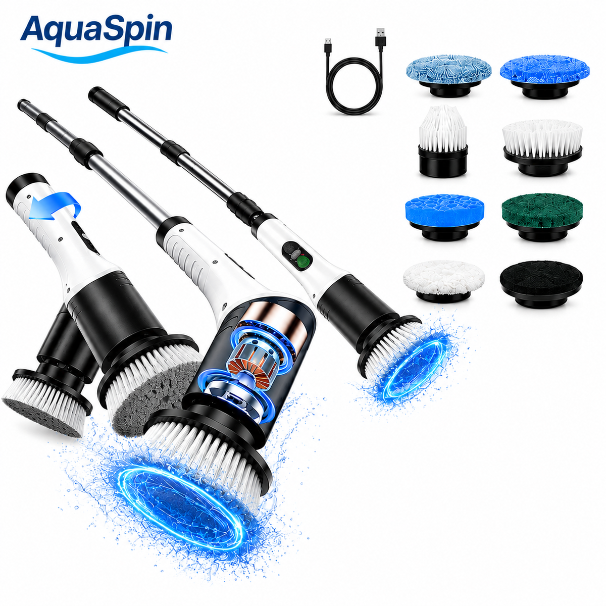 Aqua Spin ™ – Potencia rotatoria inalámbrica para todo tipo de superficies: baños, cocinas, pisos.