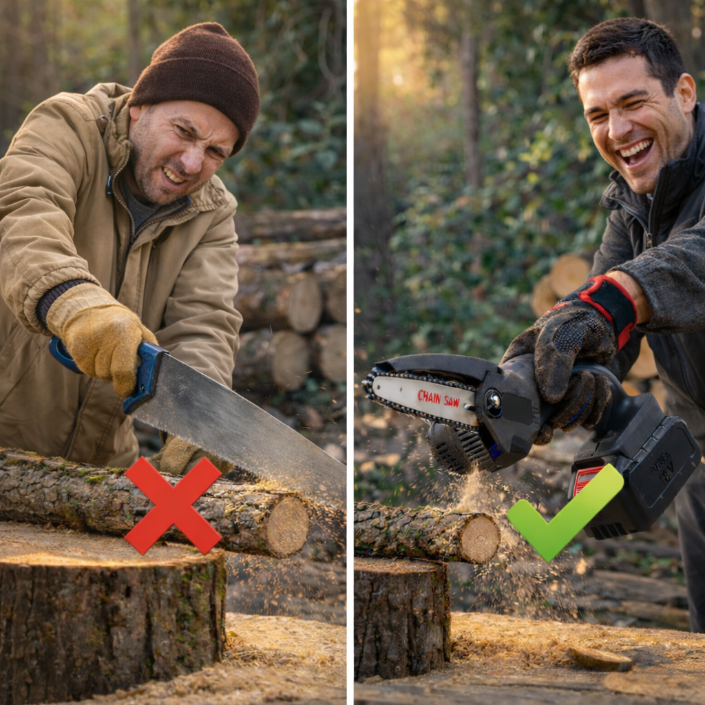 Mini Motosierra Inalámbrica 2 Baterías Corta Madera Fácil y Sin Esfuerzo